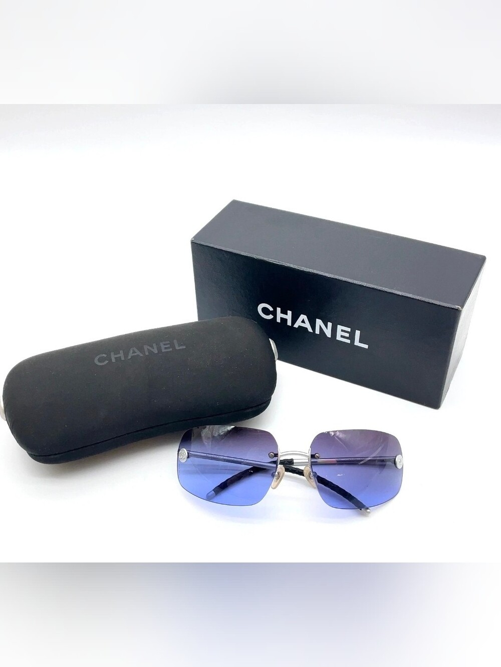 CHANEL Y2K Rimless Blue Gradient Rhinestone CC Mark Sunglasses Wbox